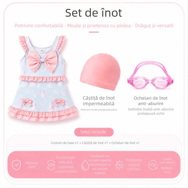 Costum de baie pentru fete, două piese, cu imprimare iepuraș în buline, funda, mâneci volanate și fustă cu volane