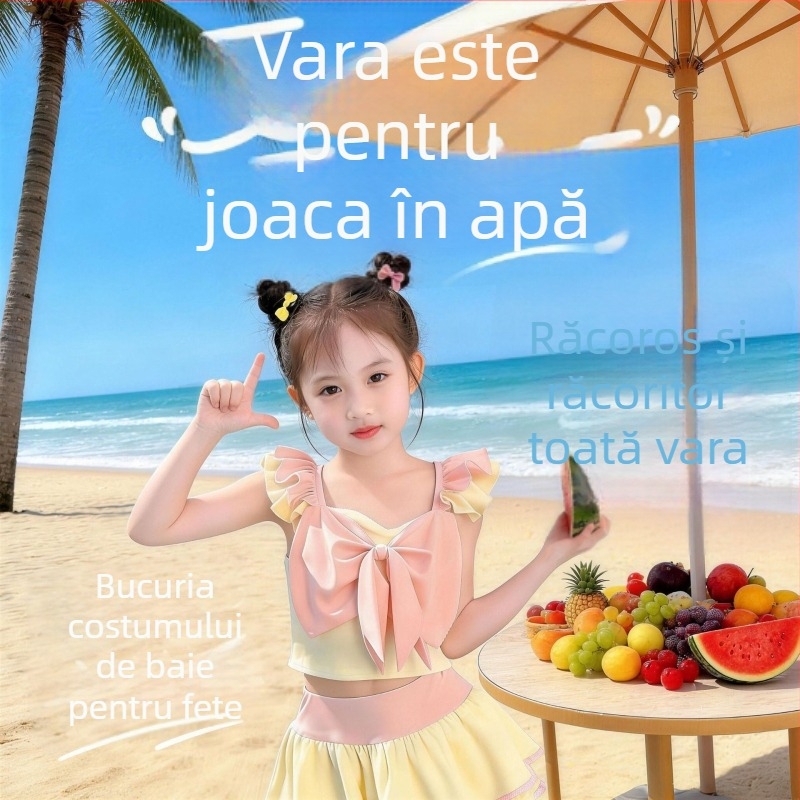 Costum de baie două piese pentru fete, roz și galben, elasticitate mare, plăcut la atingere, fără strângere, pentru plajă și ape termale