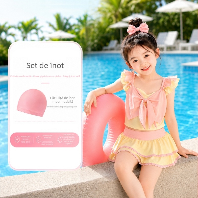 Costum de baie două piese pentru fete, roz și galben, elasticitate mare, plăcut la atingere, fără strângere, pentru plajă și ape termale