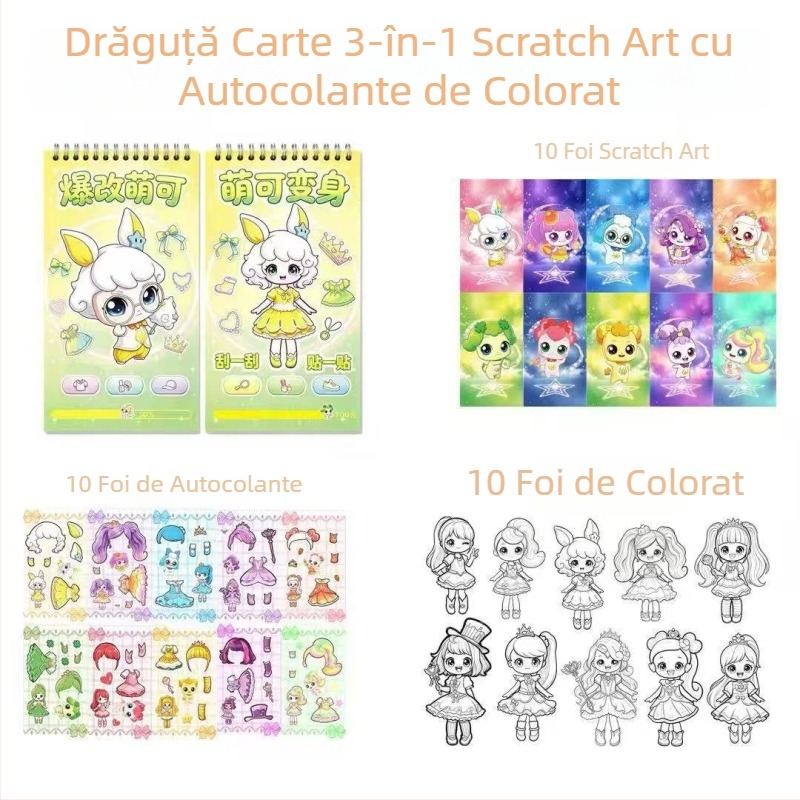 Carte cu autocolante de zgâriere pentru fete – set DIY cu autocolante, joc educativ creativ pentru copii