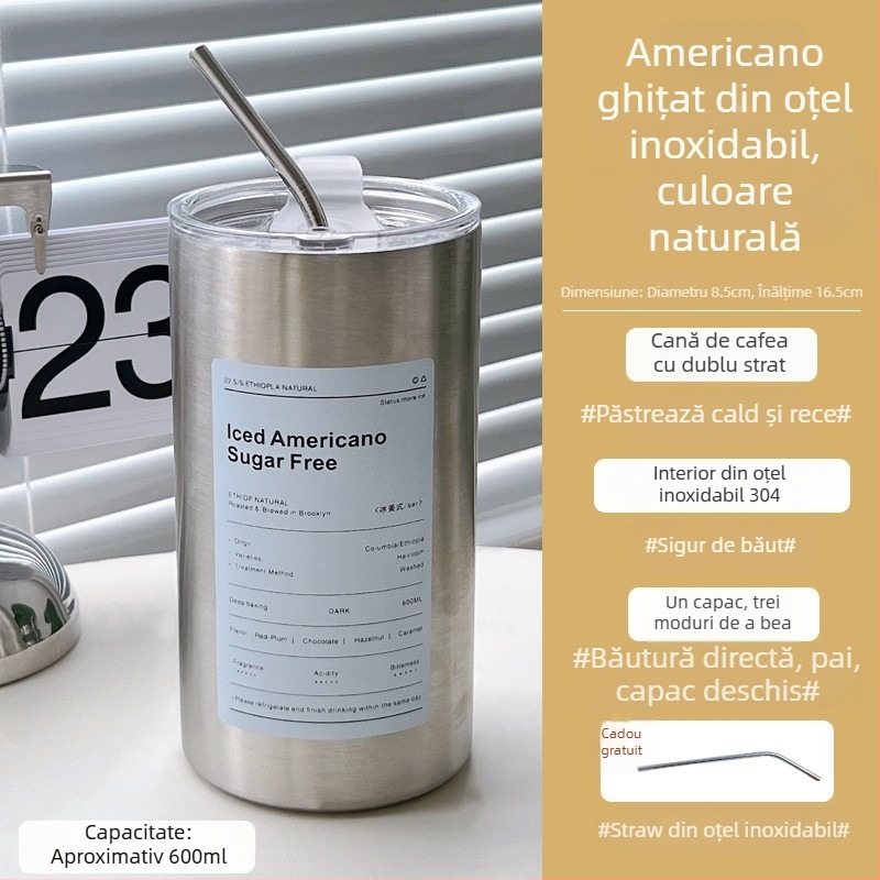 Stil INS: Cană pentru Americano rece, din oțel inoxidabil 304, izolație, cu pai, portabilă pentru exterior
