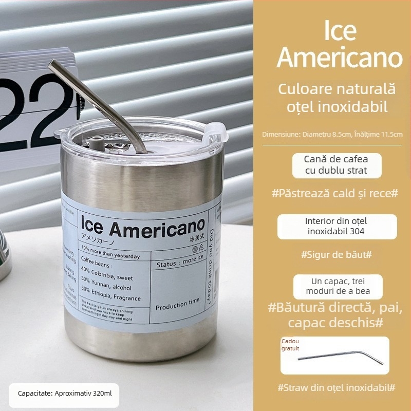 Stil INS: Cană pentru Americano rece, din oțel inoxidabil 304, izolație, cu pai, portabilă pentru exterior