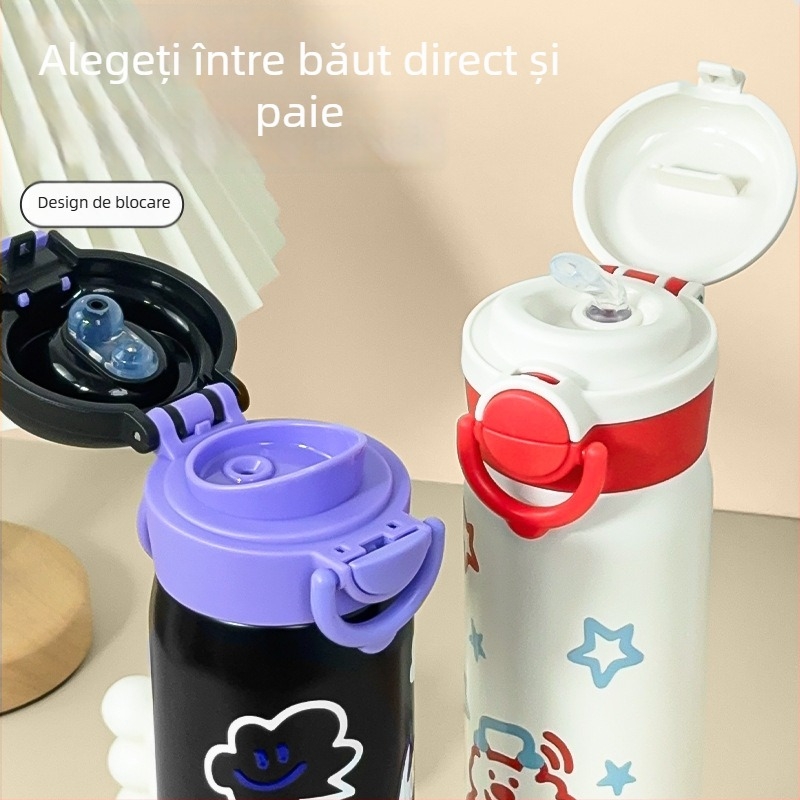 Cană termo graffiti din oțel inoxidabil 316, izolație termică, cu inel de purtare și capac cu deschidere pentru băut direct, potrivită pentru elevi