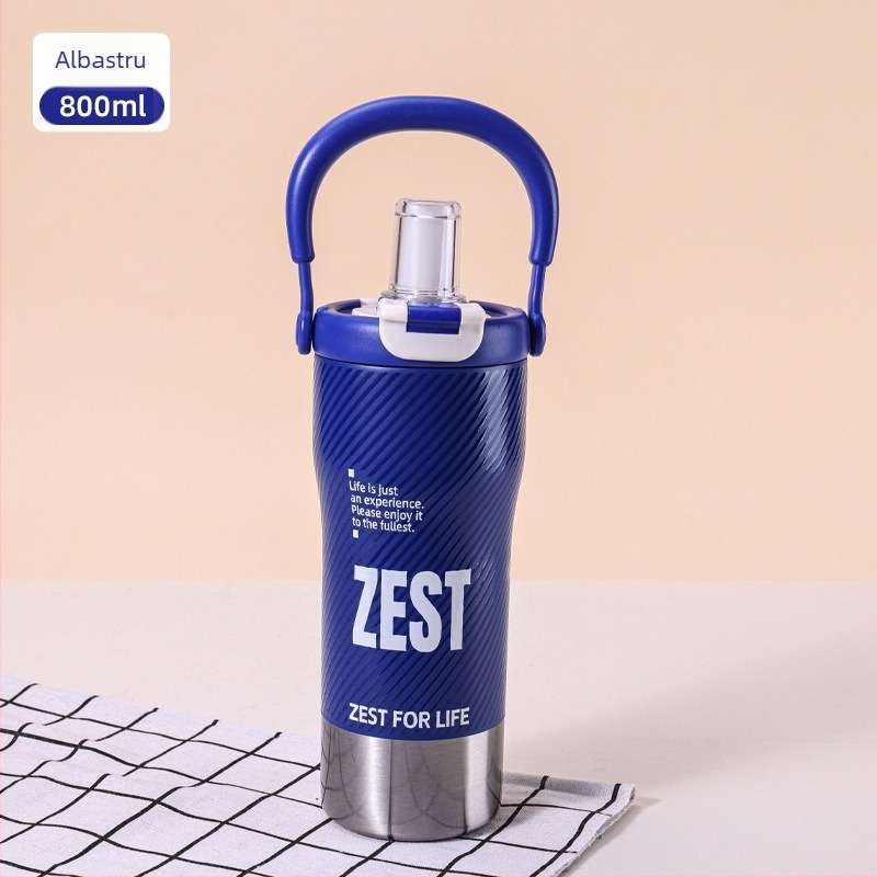 Cană termoizolantă portabilă din oțel inoxidabil pentru mașină, capacitate mare, cu pai pentru băut direct, design atrăgător