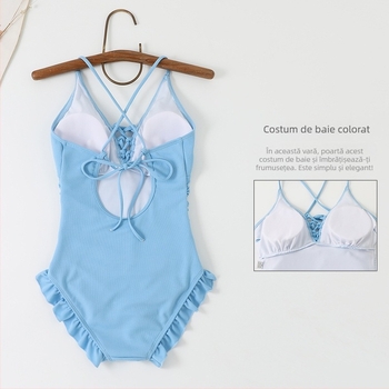 Costum de baie întreg, într-o culoare, cu volane la margine, pentru femei, fără mâneci, elasticitate ridicată
