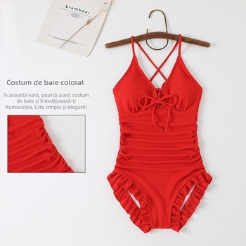 Costum de baie întreg, într-o culoare, cu volane la margine, pentru femei, fără mâneci, elasticitate ridicată