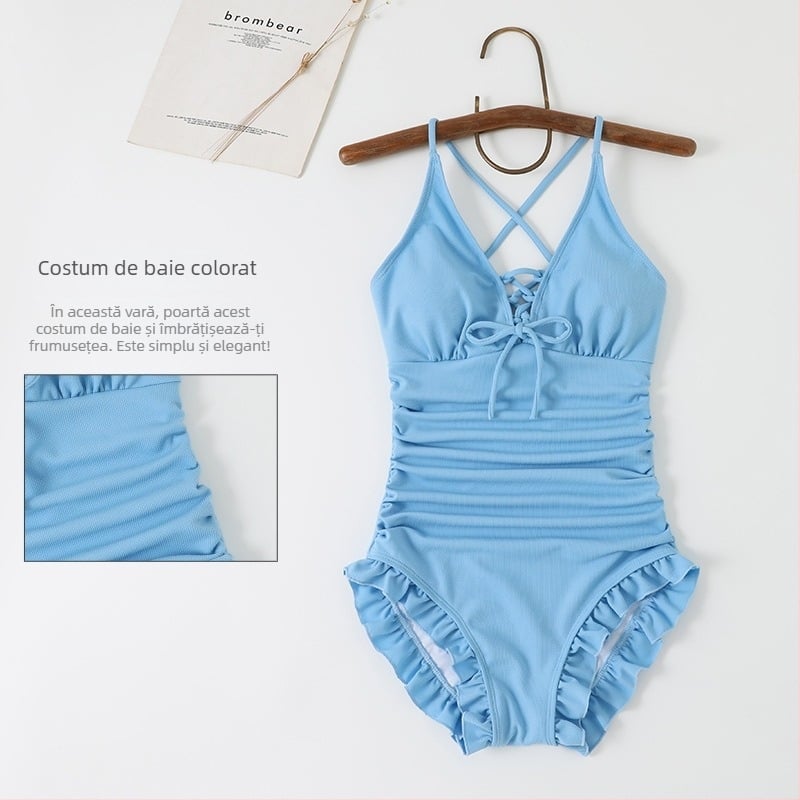 Costum de baie întreg, într-o culoare, cu volane la margine, pentru femei, fără mâneci, elasticitate ridicată