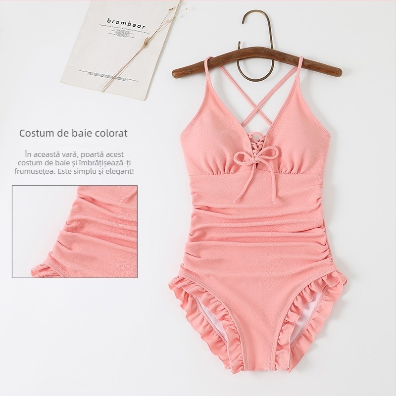 Costum de baie întreg, într-o culoare, cu volane la margine, pentru femei, fără mâneci, elasticitate ridicată