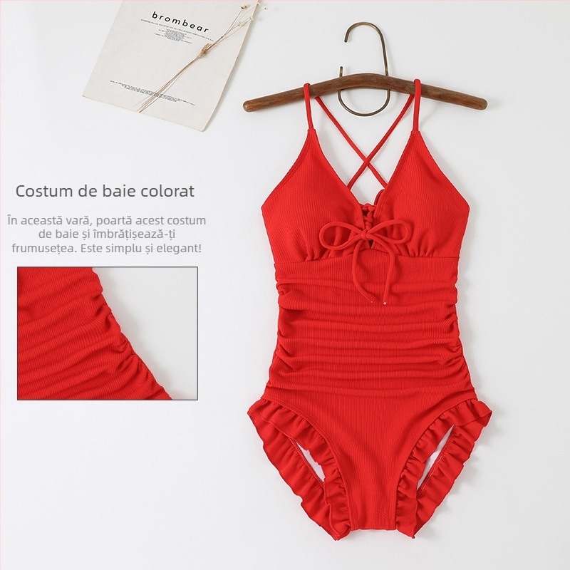 Costum de baie întreg, într-o culoare, cu volane la margine, pentru femei, fără mâneci, elasticitate ridicată