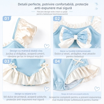 Costum de baie întreg pentru fetițe în stil prințesă, albastru-alb, volane și funda, acoperire modestă, pentru copii 2–12 ani