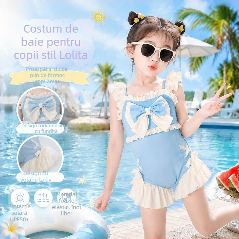 Costum de baie întreg pentru fetițe în stil prințesă, albastru-alb, volane și funda, acoperire modestă, pentru copii 2–12 ani