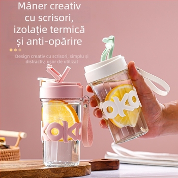 Pahar din sticlă izolat termic cu capac, 420 ml, mâner portabil