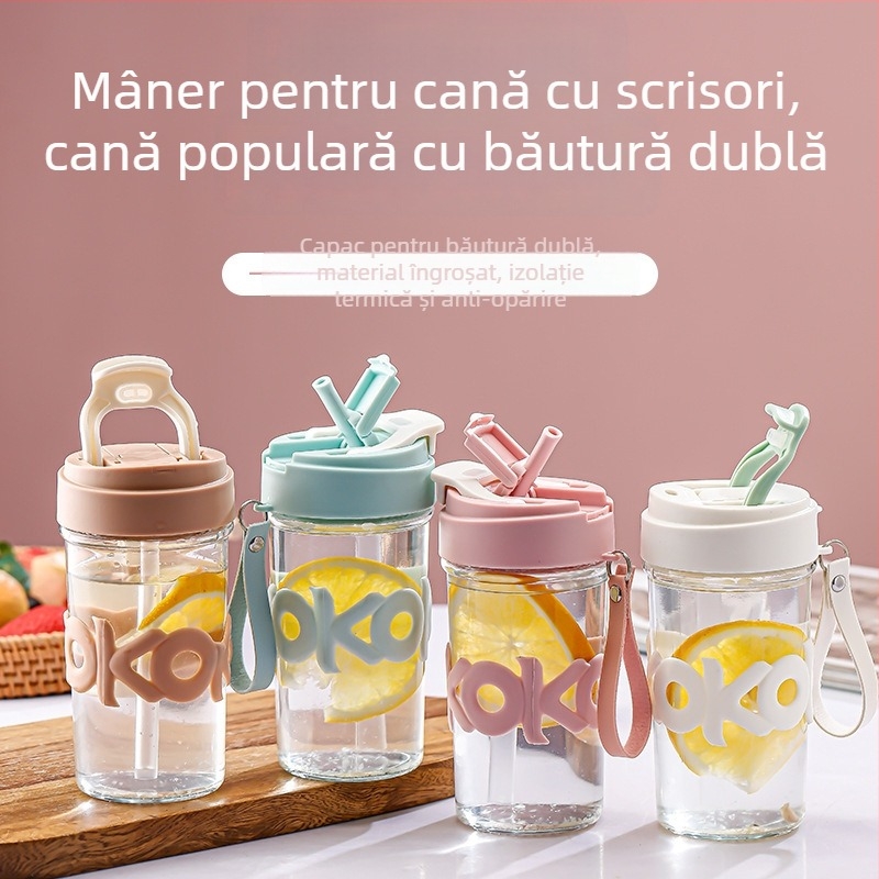 Pahar din sticlă izolat termic cu capac, 420 ml, mâner portabil