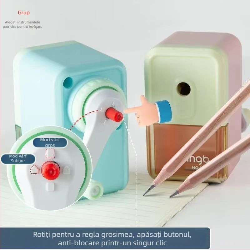 Ascuțitor de creioane în nuanțe pastel, manual, cu mecanism reglabil, pentru elevi