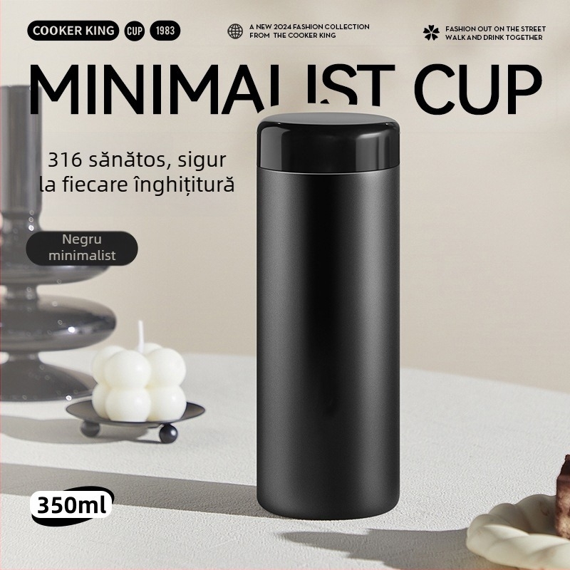 Căniță termoizolantă minimalistă de 350 ml, interior 316 oțel inoxidabil, exterior 304 oțel inoxidabil, cu infuzor de ceai, portabilă, gravură laser disponibilă