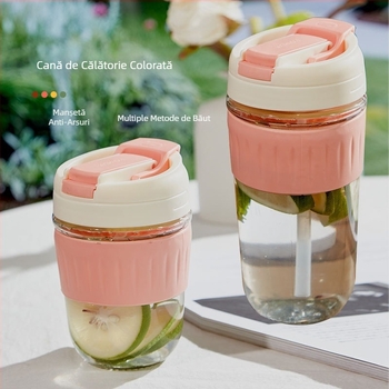 Pahar portabil din sticlă cu pai, design drăguț pentru lapte sau cafea