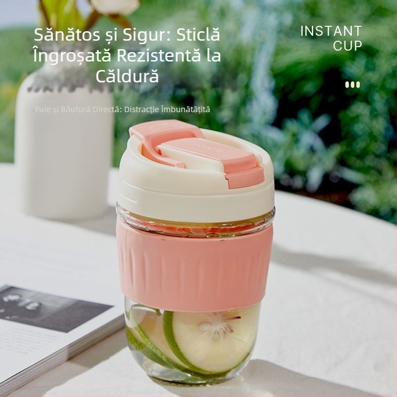 Pahar portabil din sticlă cu pai, design drăguț pentru lapte sau cafea