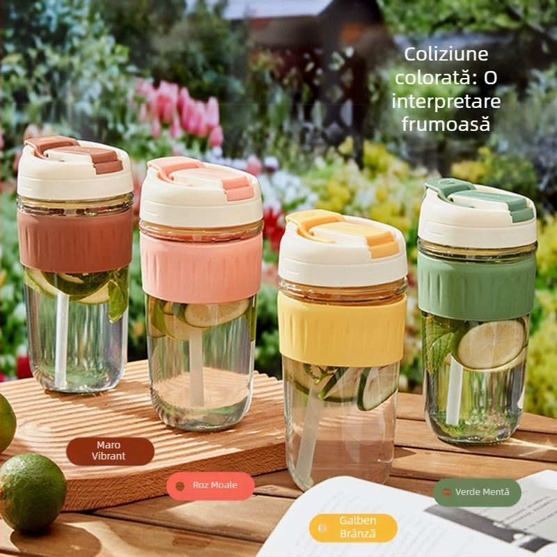 Pahar portabil din sticlă cu pai, design drăguț pentru lapte sau cafea