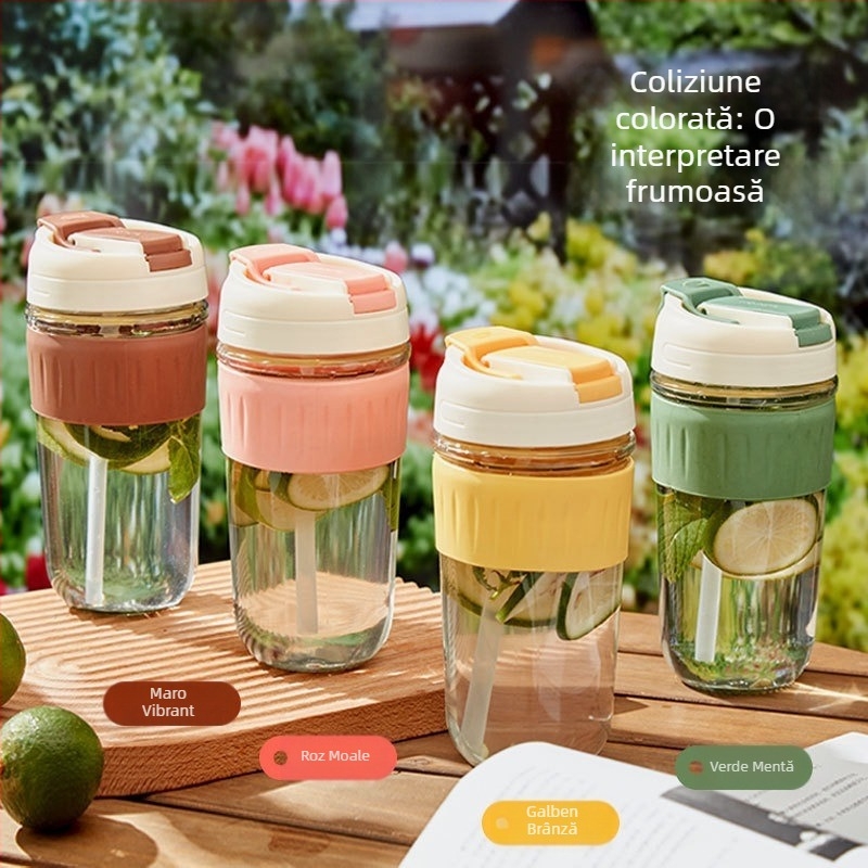 Pahar portabil din sticlă cu pai, design drăguț pentru lapte sau cafea