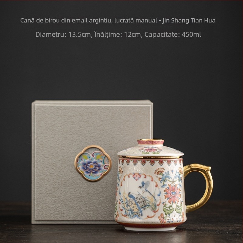 Ceașcă ceramică pentru ceai, cu filtru și capac, în culoare emailată, pentru separarea ceaiului de apă