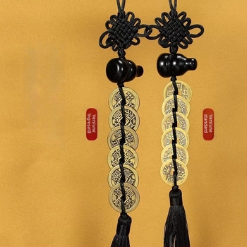 Pandantiv din obsidian natural în formă de dovleac, cu monede din cupru ale celor Cinci Împărați — protecție la ușă, ornament pentru mașină, nod chinezesc împletit