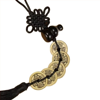 Pandantiv din obsidian natural în formă de dovleac, cu monede din cupru ale celor Cinci Împărați — protecție la ușă, ornament pentru mașină, nod chinezesc împletit