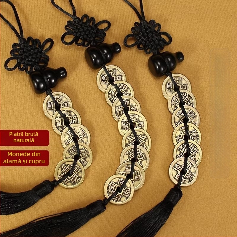 Pandantiv din obsidian natural în formă de dovleac, cu monede din cupru ale celor Cinci Împărați — protecție la ușă, ornament pentru mașină, nod chinezesc împletit
