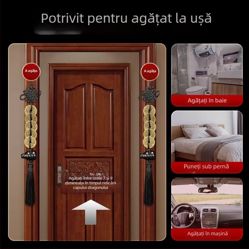 Pandantiv din obsidian natural în formă de dovleac, cu monede din cupru ale celor Cinci Împărați — protecție la ușă, ornament pentru mașină, nod chinezesc împletit