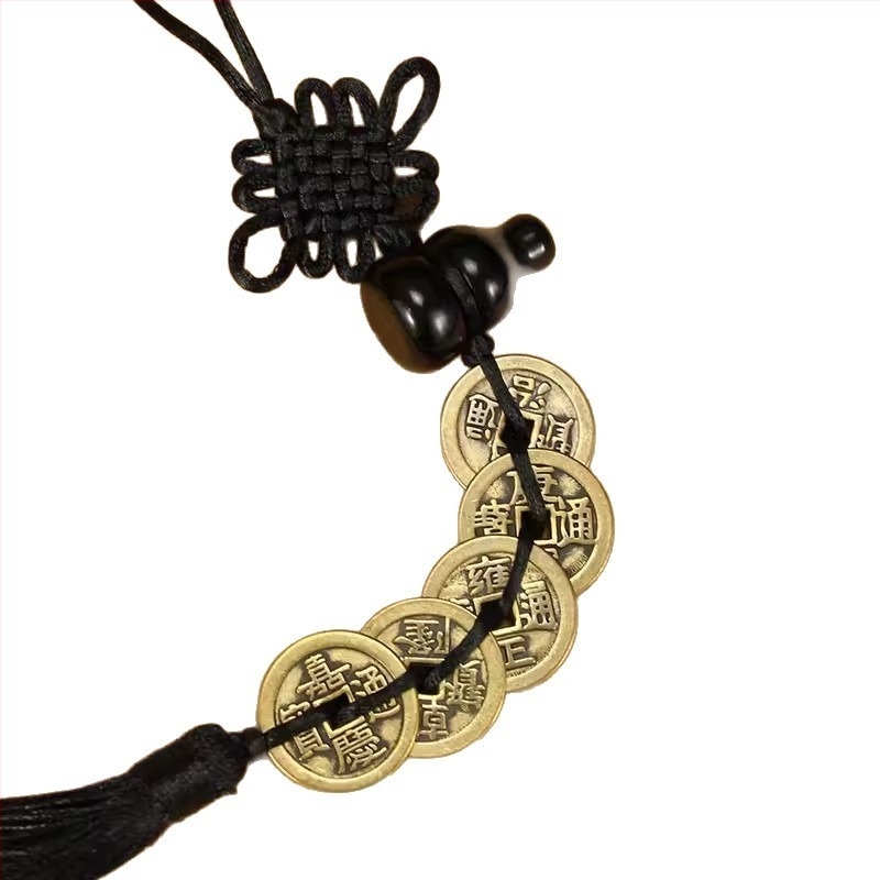 Pandantiv din obsidian natural în formă de dovleac, cu monede din cupru ale celor Cinci Împărați — protecție la ușă, ornament pentru mașină, nod chinezesc împletit