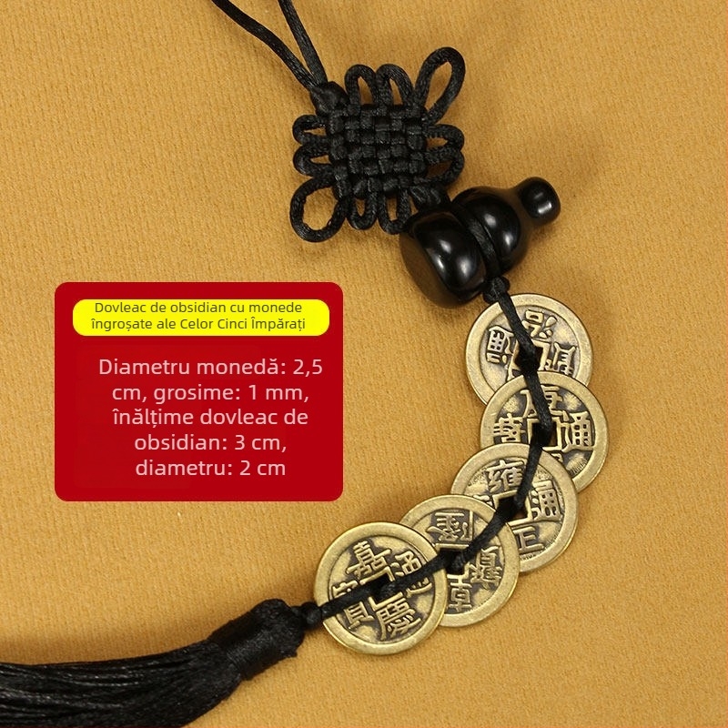 Pandantiv din obsidian natural în formă de dovleac, cu monede din cupru ale celor Cinci Împărați — protecție la ușă, ornament pentru mașină, nod chinezesc împletit