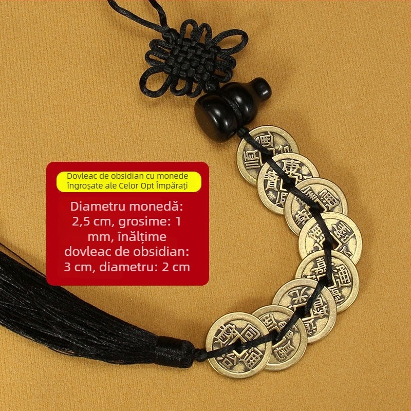 Pandantiv din obsidian natural în formă de dovleac, cu monede din cupru ale celor Cinci Împărați — protecție la ușă, ornament pentru mașină, nod chinezesc împletit