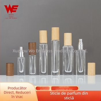 Sticlă de parfum din sticlă cu capac din lemn, pulverizator apăsat, recipient cosmetic de călătorie – recipient gol (30 ml/10 ml/5 ml/15 ml/20 ml), formă pătrată.