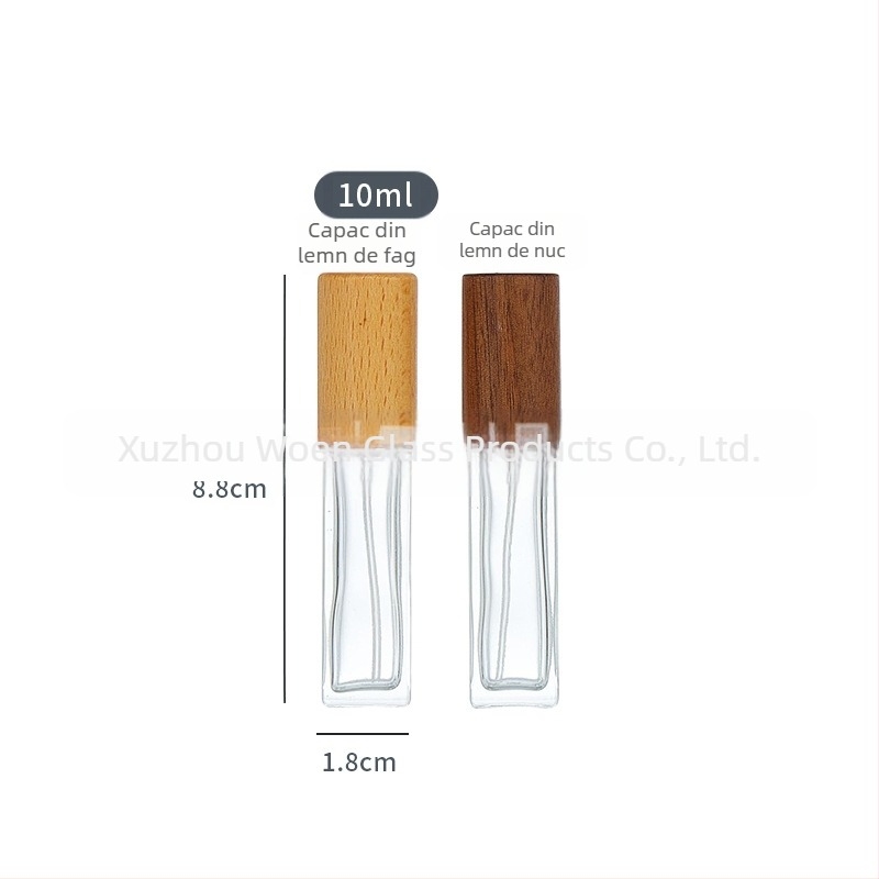Sticlă de parfum din sticlă cu capac din lemn, pulverizator apăsat, recipient cosmetic de călătorie – recipient gol (30 ml/10 ml/5 ml/15 ml/20 ml), formă pătrată.