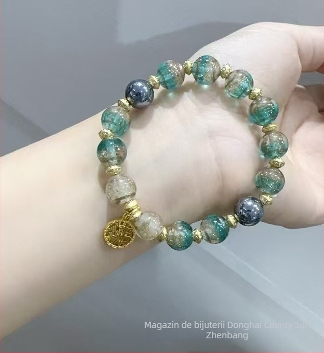 Brățară handmade cu pandantiv din sticlă colorată, foiță de aur și mărgele Heart Sutra, stil etnic, unisex, 10 mm