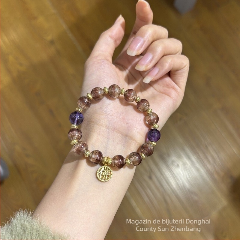 Brățară handmade cu pandantiv din sticlă colorată, foiță de aur și mărgele Heart Sutra, stil etnic, unisex, 10 mm