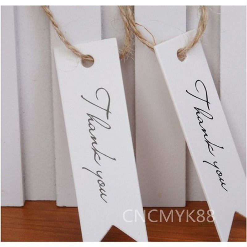 Etichete de cadouri din kraft paper Thank you, mici stegulețe pentru ambalare, 100 buc pe pachet, cu sfoară de cânepă