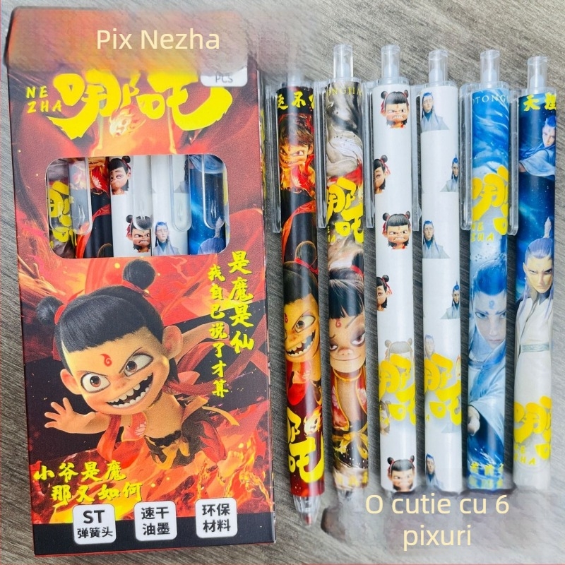 Nezha Ao Bing set stilouri cu husă, stilou gel negru pentru elevi, scriere lină și uscare rapidă, 0,5 mm