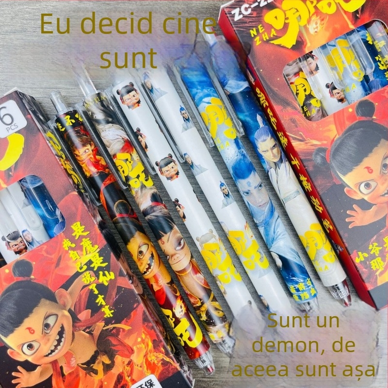 Nezha Ao Bing set stilouri cu husă, stilou gel negru pentru elevi, scriere lină și uscare rapidă, 0,5 mm