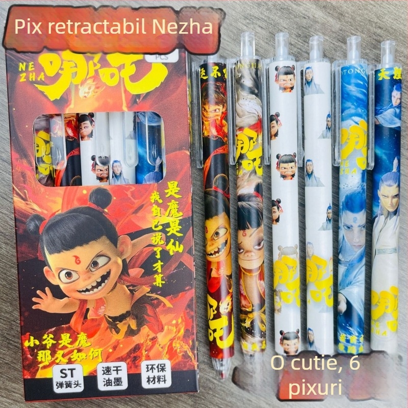 Nezha Ao Bing set stilouri cu husă, stilou gel negru pentru elevi, scriere lină și uscare rapidă, 0,5 mm