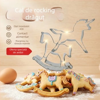 Tăietor de biscuiți din oțel inoxidabil, în formă de ponei balansoar, motiv de animale desen animate pentru coacere acasă