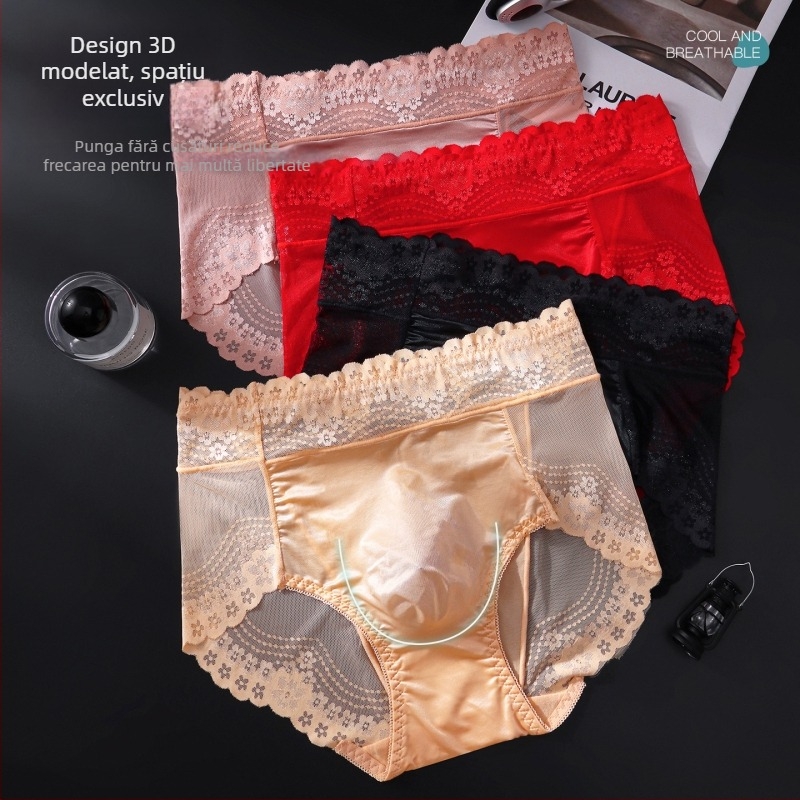 Boxeri bărbați în stil francez, din ice silk, talie din dantelă, buzunar frontal modelat, respirabili, potriviți pentru vară