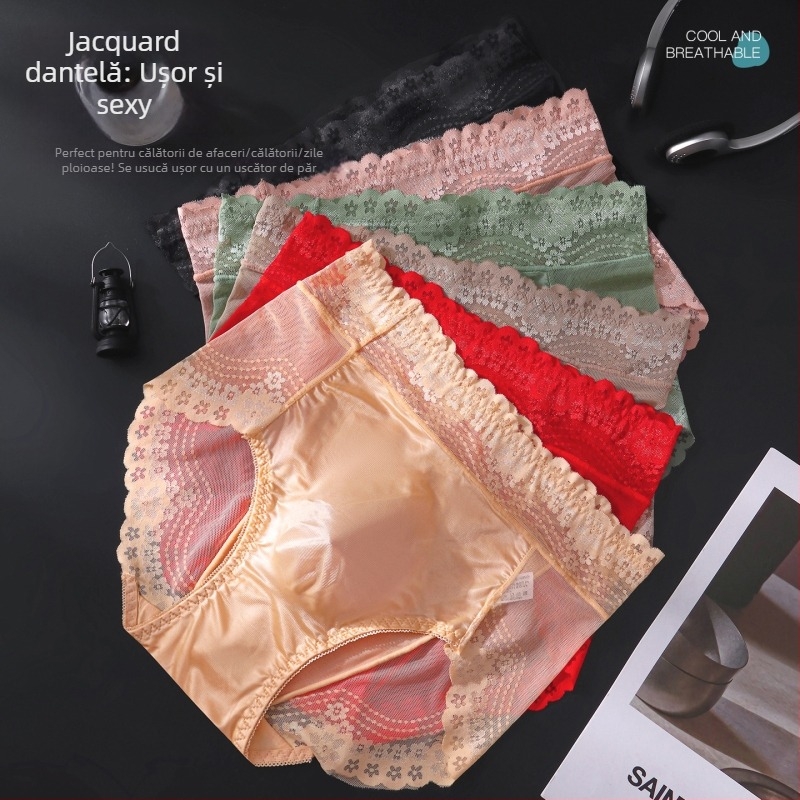 Boxeri bărbați în stil francez, din ice silk, talie din dantelă, buzunar frontal modelat, respirabili, potriviți pentru vară