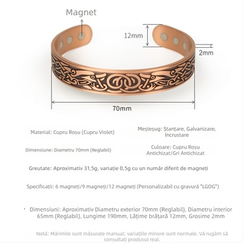 Brățară cu dragon celtic, din cupru roșu antic, magnetică, design artistic retro minimalist, gravuri fine