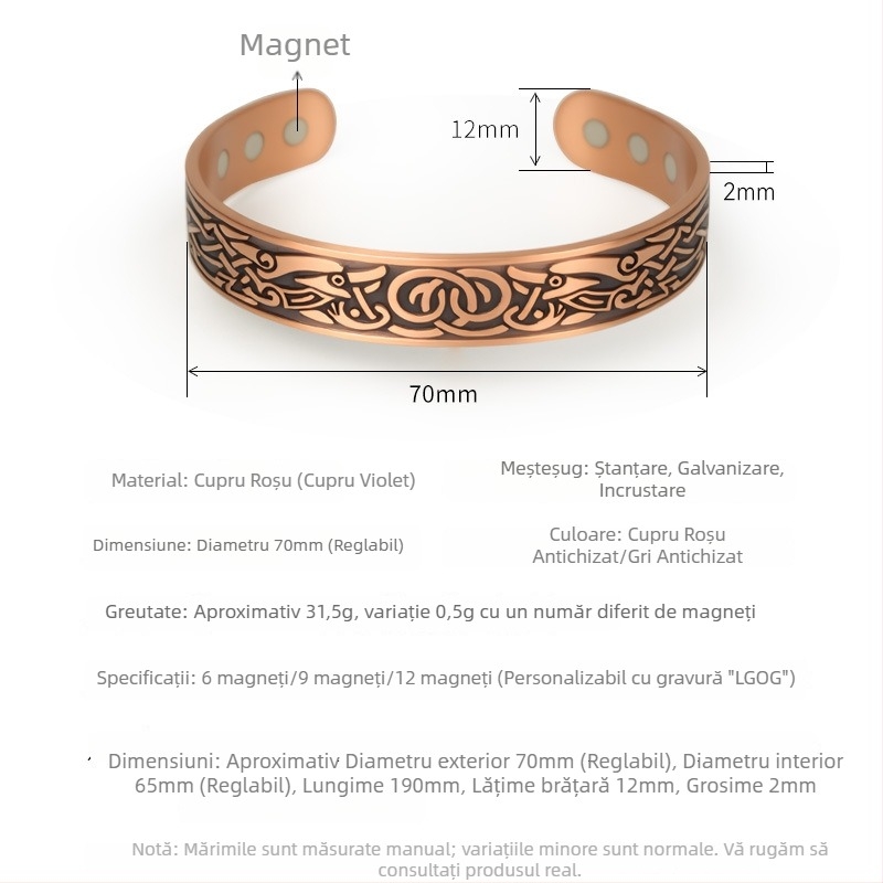 Brățară cu dragon celtic, din cupru roșu antic, magnetică, design artistic retro minimalist, gravuri fine