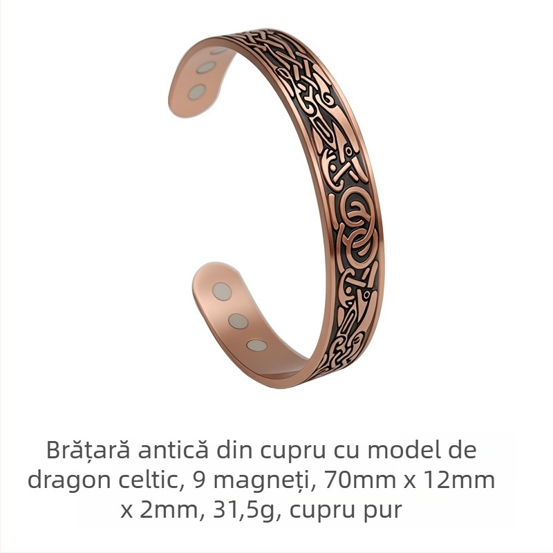 Brățară cu dragon celtic, din cupru roșu antic, magnetică, design artistic retro minimalist, gravuri fine