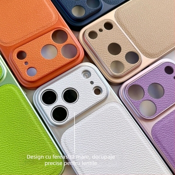 Funda pentru iPhone 15–17 Pro/Max cu textură Lychee de piele și fereastră mare, culoare solidă, finisaj mat