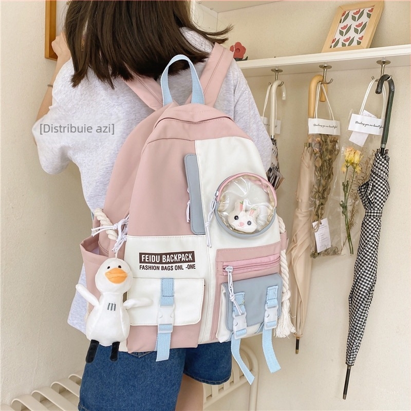Rucsac din nylon cu o capacitate mare, stil Harajuku coreean, unisex pentru elevi și studenți, 20–35 L, design color-block