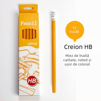 Creion HB din plastic cu gumă, corp hexagonal, cutie galbenă, pentru elevi
