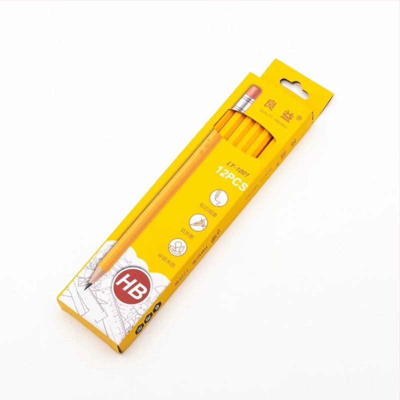 Creion HB din plastic cu gumă, corp hexagonal, cutie galbenă, pentru elevi