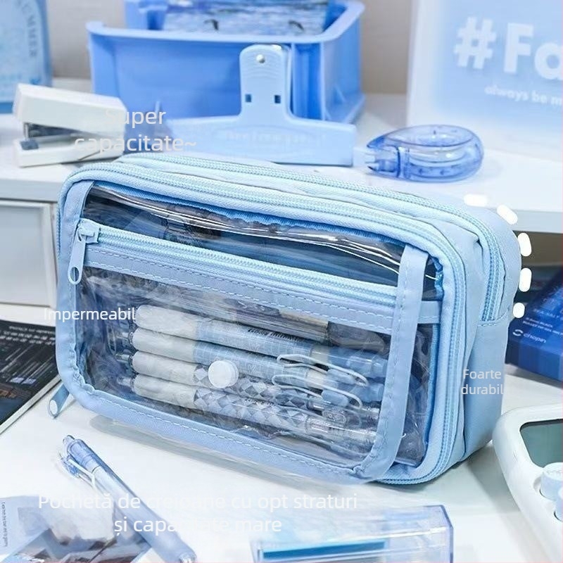 Penar transparent cu opt straturi, design inspirat de Instagram, capacitate mare, pentru băieți de la școala primară